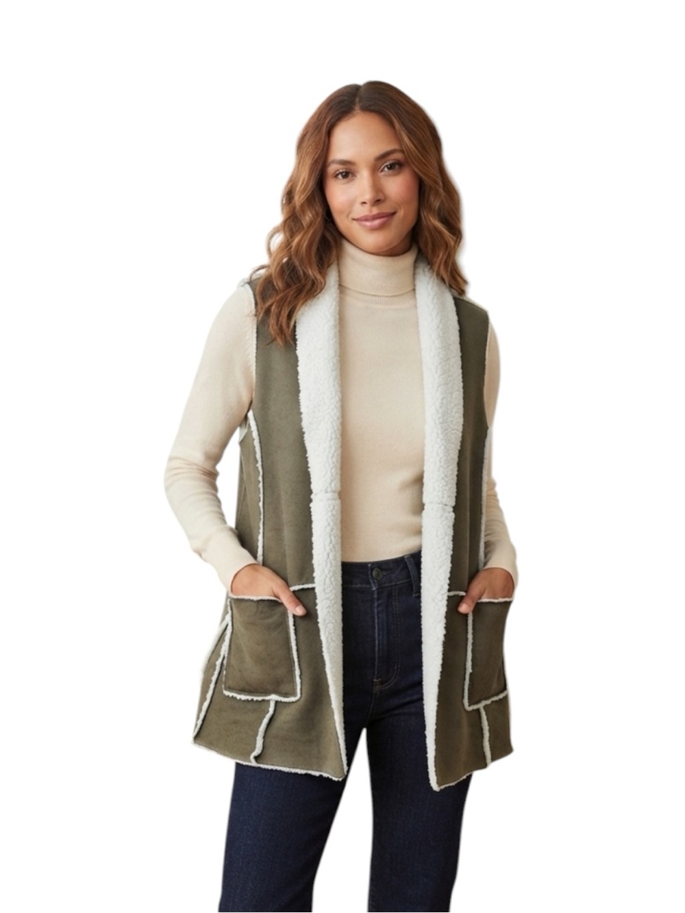 indigo soul Olive Green Cream Faux Shearling Vest Size XL
